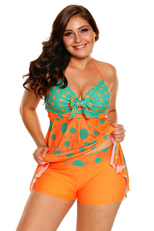 Women's Orange Halter Neck Polka Dot Two Piece Tankini Swimwear Swimsuits