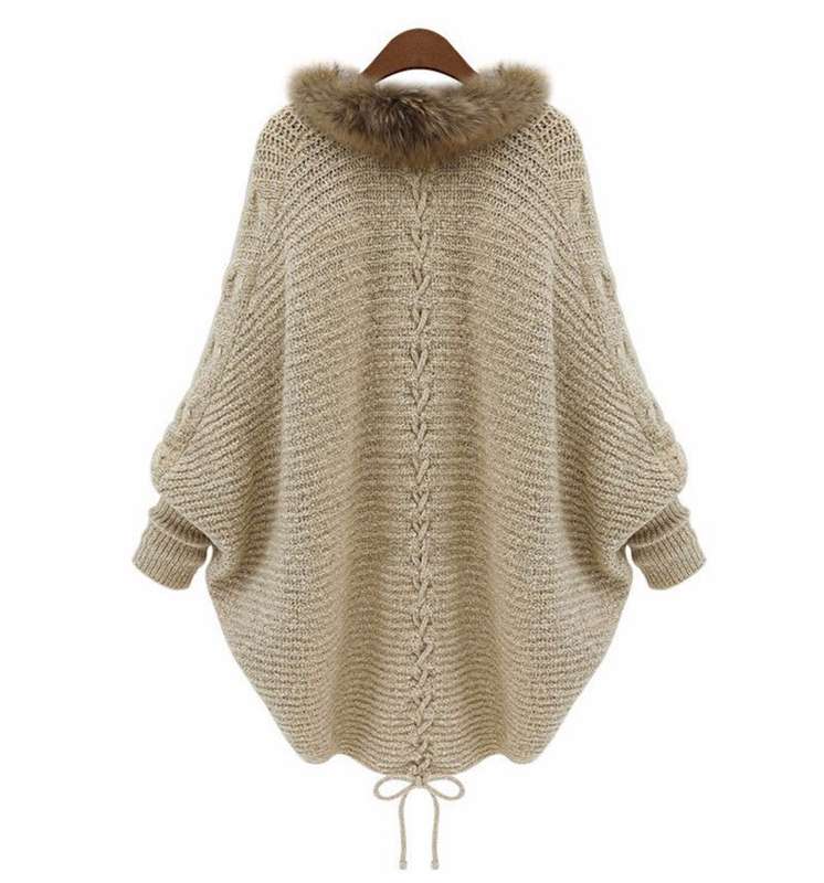 Women Warm Thick Winter Poncho Bat Sleeve Fur Collar Wool Sweater Knitted Long Cardigan