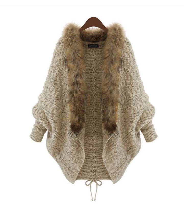 Women Warm Thick Winter Poncho Bat Sleeve Fur Collar Wool Sweater Knitted Long Cardigan