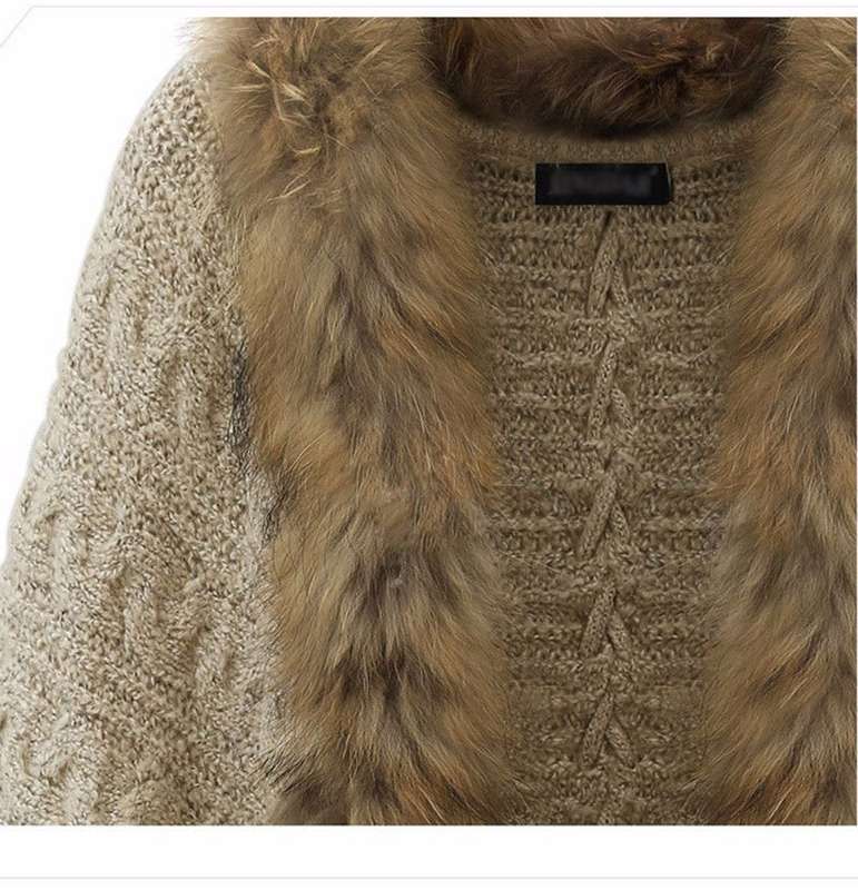 Women Warm Thick Winter Poncho Bat Sleeve Fur Collar Wool Sweater Knitted Long Cardigan