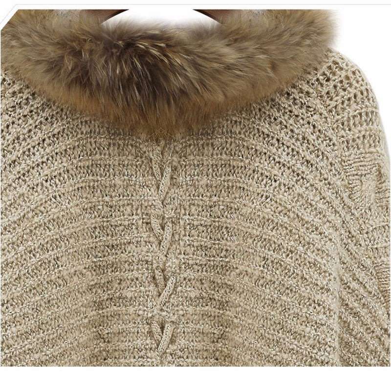 Women Warm Thick Winter Poncho Bat Sleeve Fur Collar Wool Sweater Knitted Long Cardigan