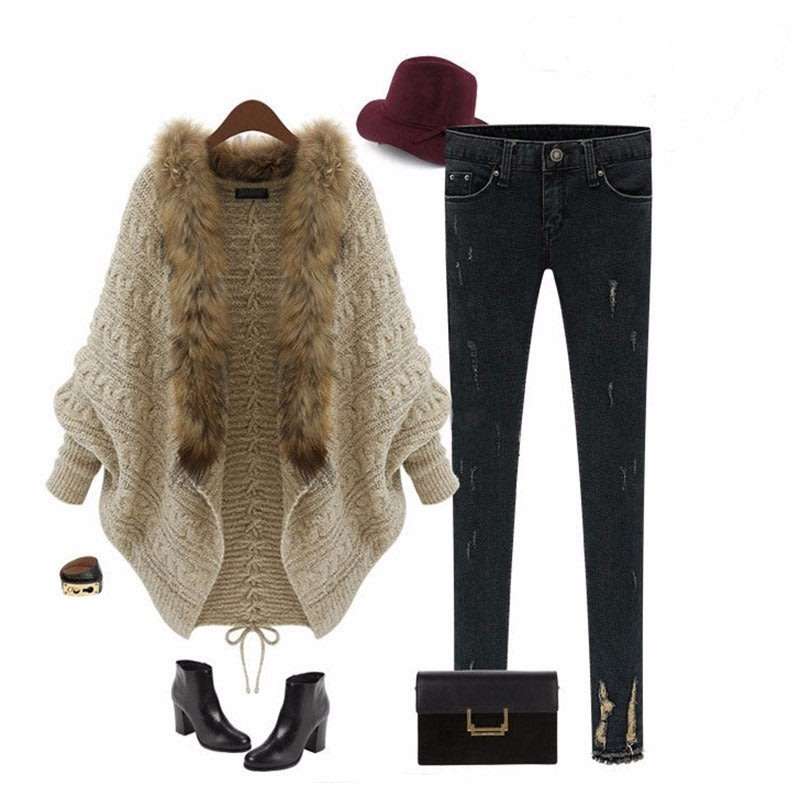 Women Warm Thick Winter Poncho Bat Sleeve Fur Collar Wool Sweater Knitted Long Cardigan