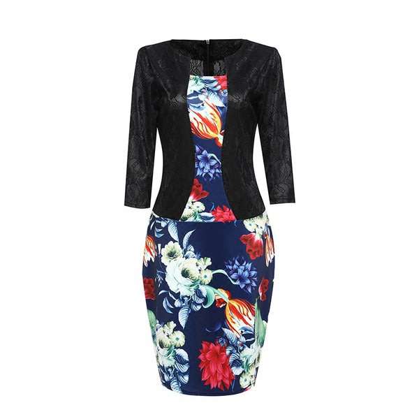 Blue Long Sleeve Floral Print Formal Office Dress - S/M/L/XL