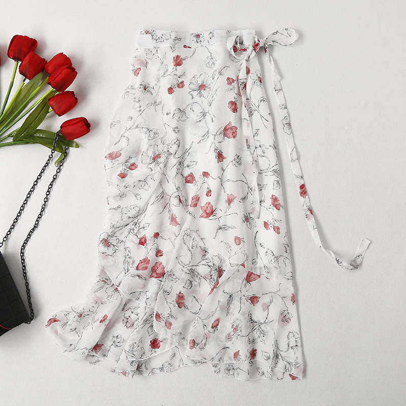 White Floral Print Asymmetric High Waist Fishtail Chiffon Self Wrap Skirt