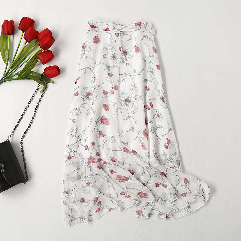 White Floral Print Asymmetric High Waist Fishtail Chiffon Self Wrap Skirt
