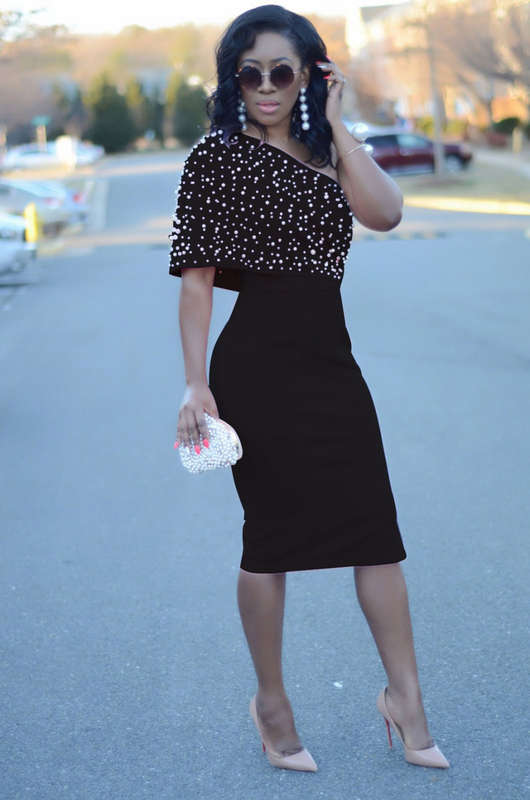 Black Beaded One Shoulder Midi Dress