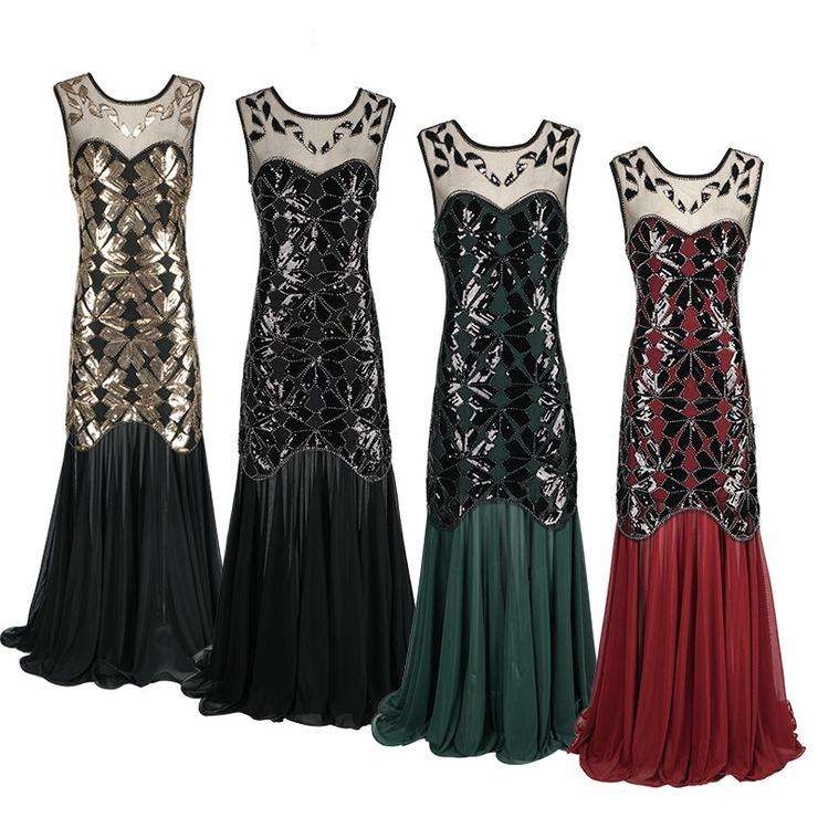 Black Ladies 1920s Art Deco Maxi Vintage Evening Dresses - XLarge