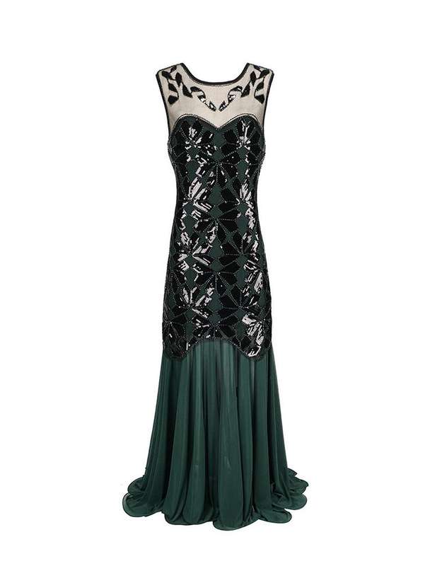Black Ladies 1920s Art Deco Maxi Vintage Evening Dresses - XLarge