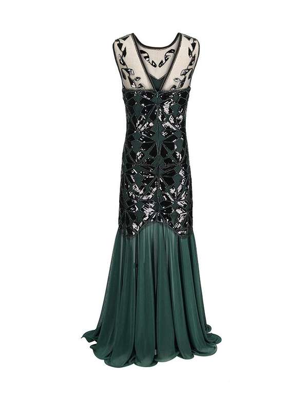 Black Ladies 1920s Art Deco Maxi Vintage Evening Dresses - XLarge