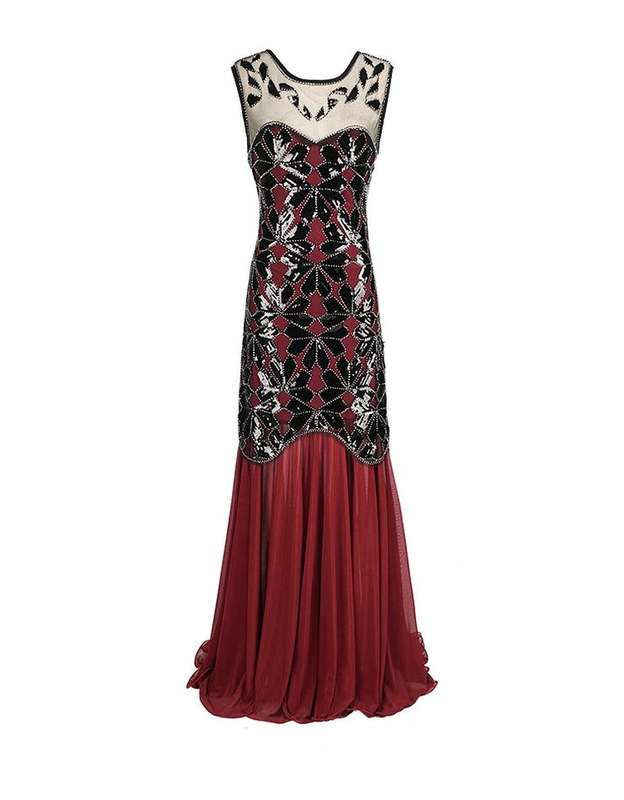 Black Ladies 1920s Art Deco Maxi Vintage Evening Dresses - XLarge