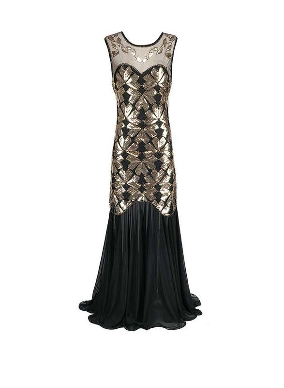 Black Ladies 1920s Art Deco Maxi Vintage Evening Dresses - XLarge