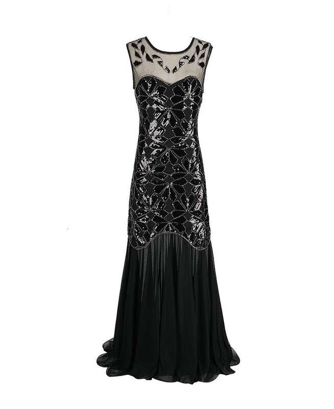 Black Ladies 1920s Art Deco Maxi Vintage Evening Dresses - XLarge