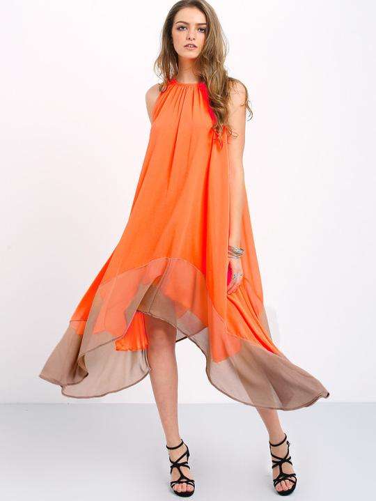 Orange Contrast Color Block Loose Chiffon Midi Dress - Xlarge