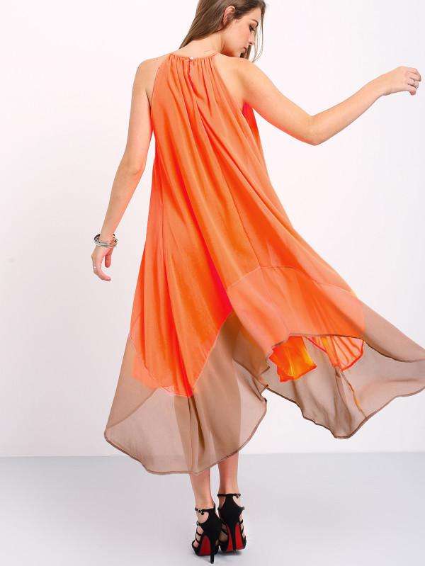 Orange Contrast Color Block Loose Chiffon Midi Dress - Xlarge
