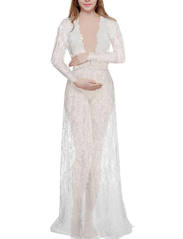 Burgundy Maternity Photo Shoot Long Sleeve Lace See-Through Maxi Dresses - Xlarge