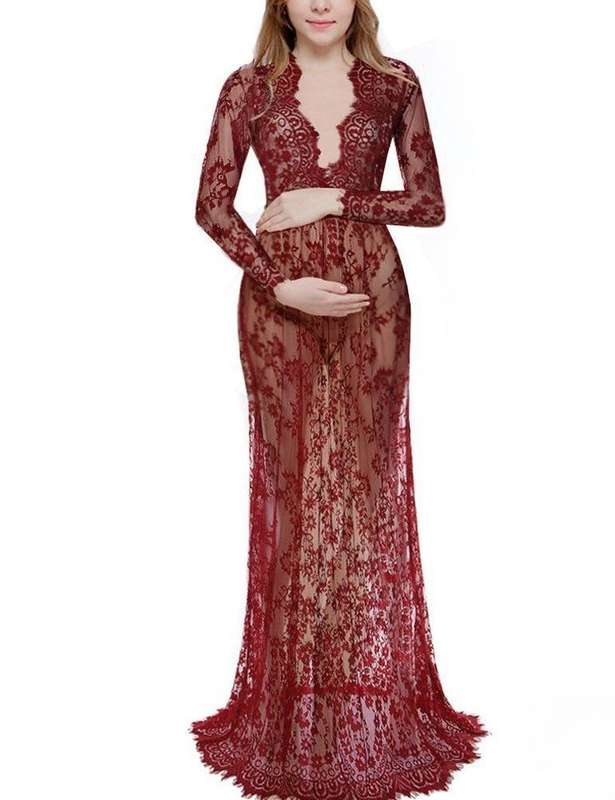 Burgundy Maternity Photo Shoot Long Sleeve Lace See-Through Maxi Dresses - Xlarge