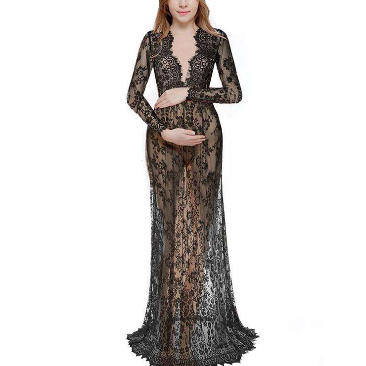 Burgundy Maternity Photo Shoot Long Sleeve Lace See-Through Maxi Dresses - Xlarge