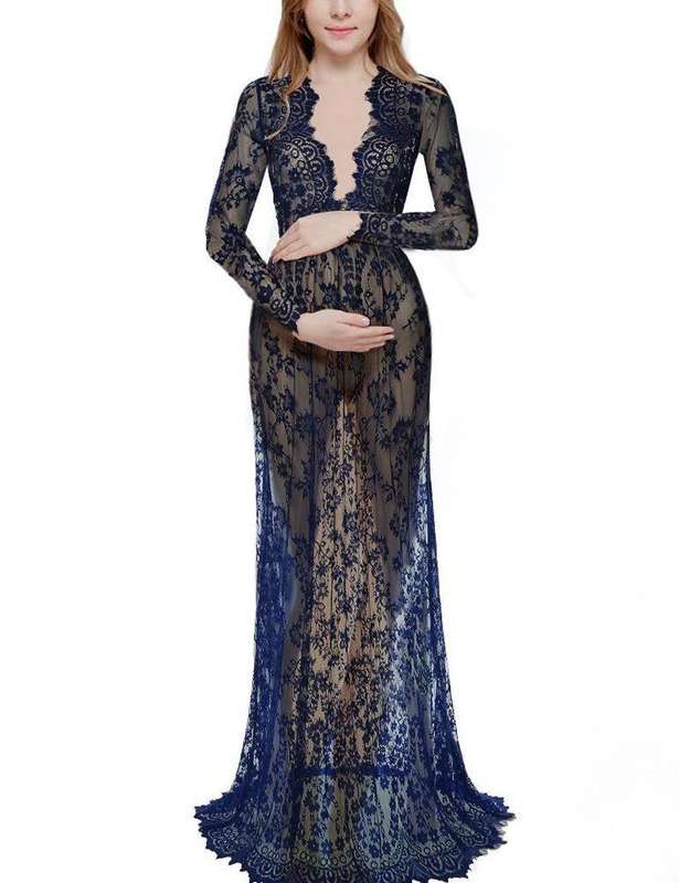 Burgundy Maternity Photo Shoot Long Sleeve Lace See-Through Maxi Dresses - Xlarge