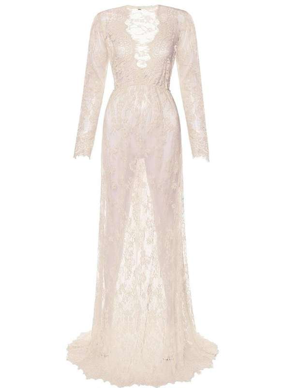 Burgundy Maternity Photo Shoot Long Sleeve Lace See-Through Maxi Dresses - Xlarge
