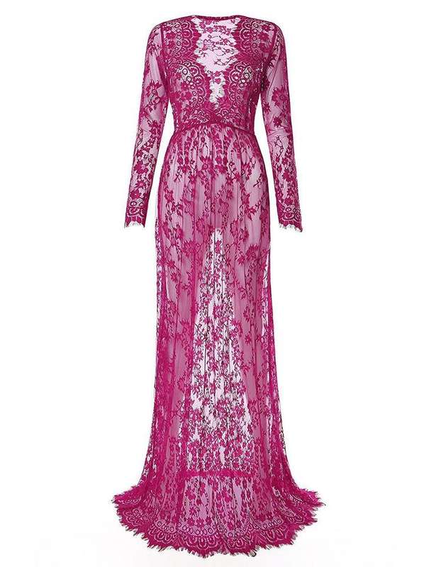 Burgundy Maternity Photo Shoot Long Sleeve Lace See-Through Maxi Dresses - Xlarge