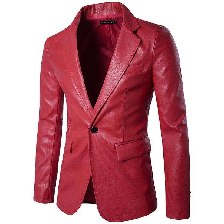 Men Lapel One Button Pu Leather Blazer White - Medium