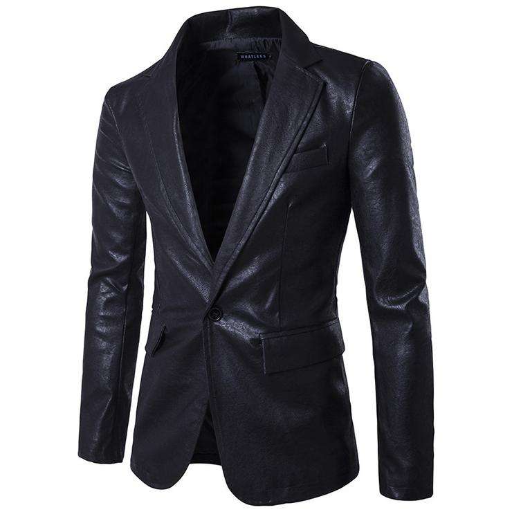Men Lapel One Button Pu Leather Blazer White - Medium