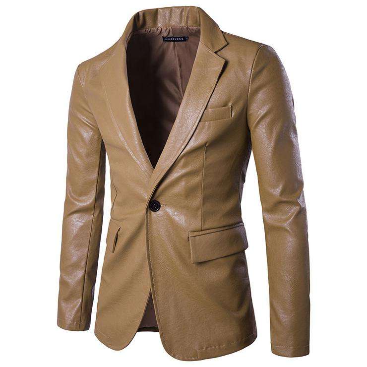 Men Lapel One Button Pu Leather Blazer White - Medium