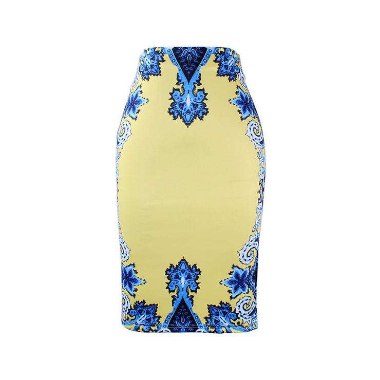 Yellow & Blue Retro Print Ladies Office Midi Pencil Skirt - Small