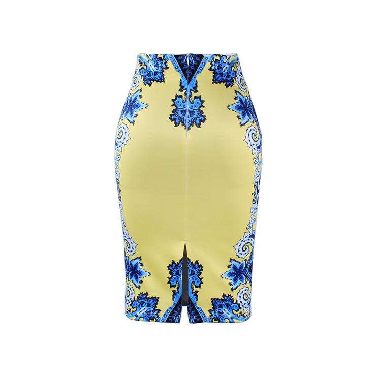 Yellow & Blue Retro Print Ladies Office Midi Pencil Skirt - Small