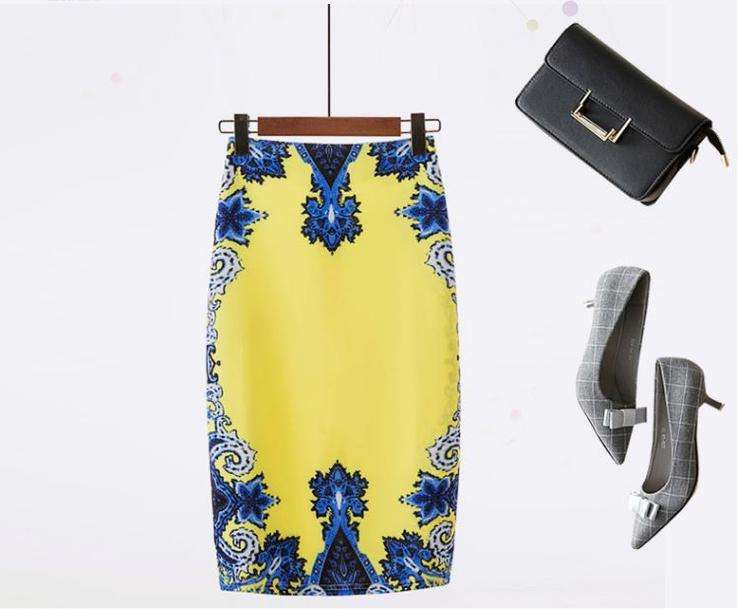 Yellow & Blue Retro Print Ladies Office Midi Pencil Skirt - Small
