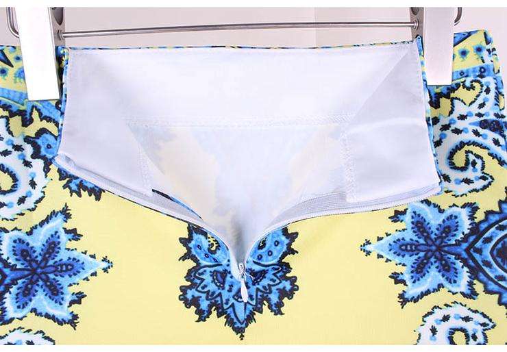 Yellow & Blue Retro Print Ladies Office Midi Pencil Skirt - Small