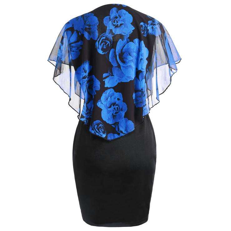 Blue Floral Chiffon Overlay Bodycon Dress - Medium