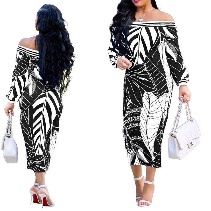 Off Shoulder Palm Leaf Print Bodycon Dress In Black - 2XLarge