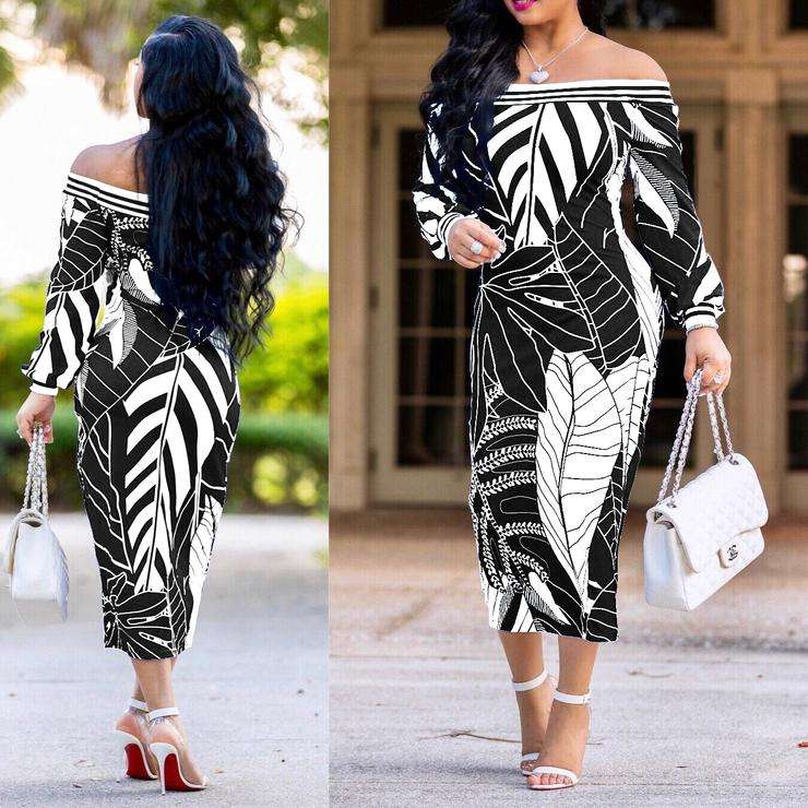 Off Shoulder Palm Leaf Print Bodycon Dress In Black - 2XLarge