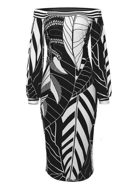 Off Shoulder Palm Leaf Print Bodycon Dress In Black - 2XLarge