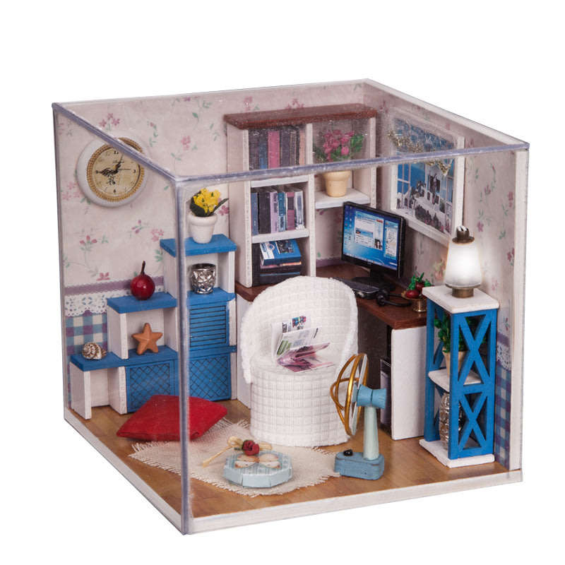 Handcraft Wooden Dolls House Miniature DIY Kit with LED light Creative Warm Time