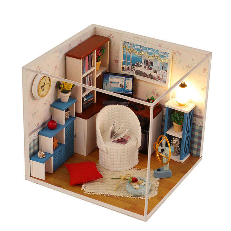 Handcraft Wooden Dolls House Miniature DIY Kit with LED light Creative Warm Time