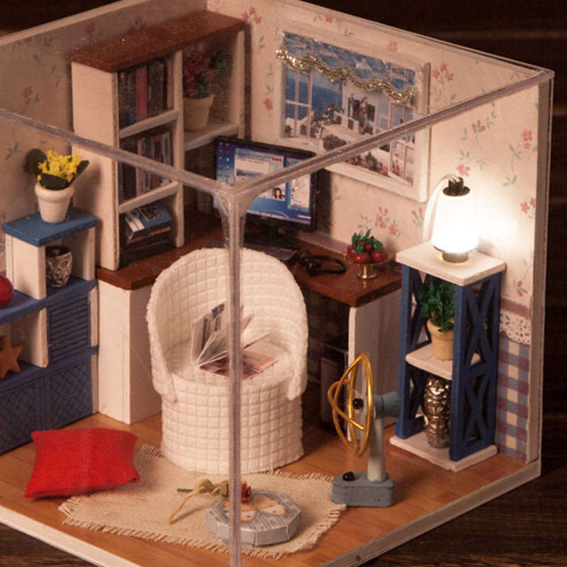 Handcraft Wooden Dolls House Miniature DIY Kit with LED light Creative Warm Time