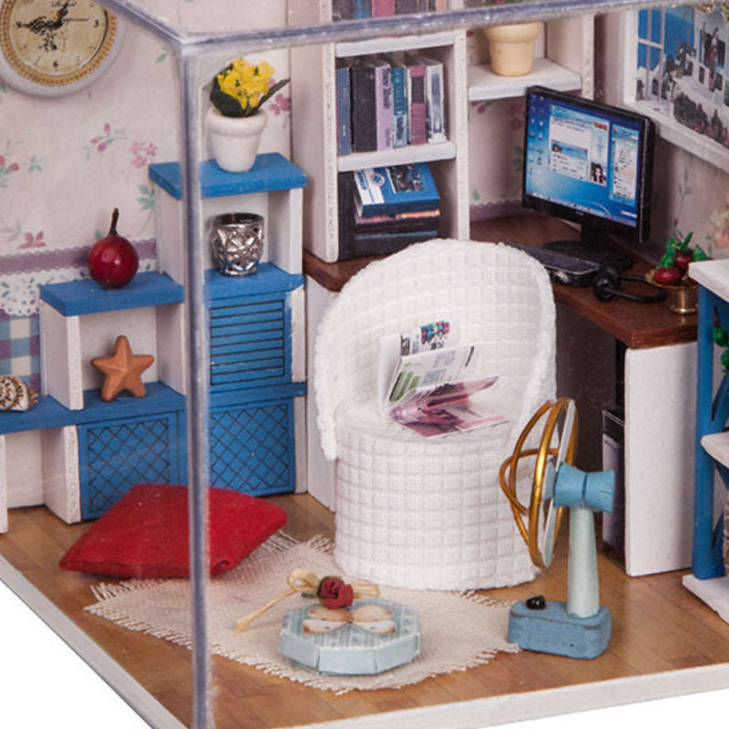 Handcraft Wooden Dolls House Miniature DIY Kit with LED light Creative Warm Time