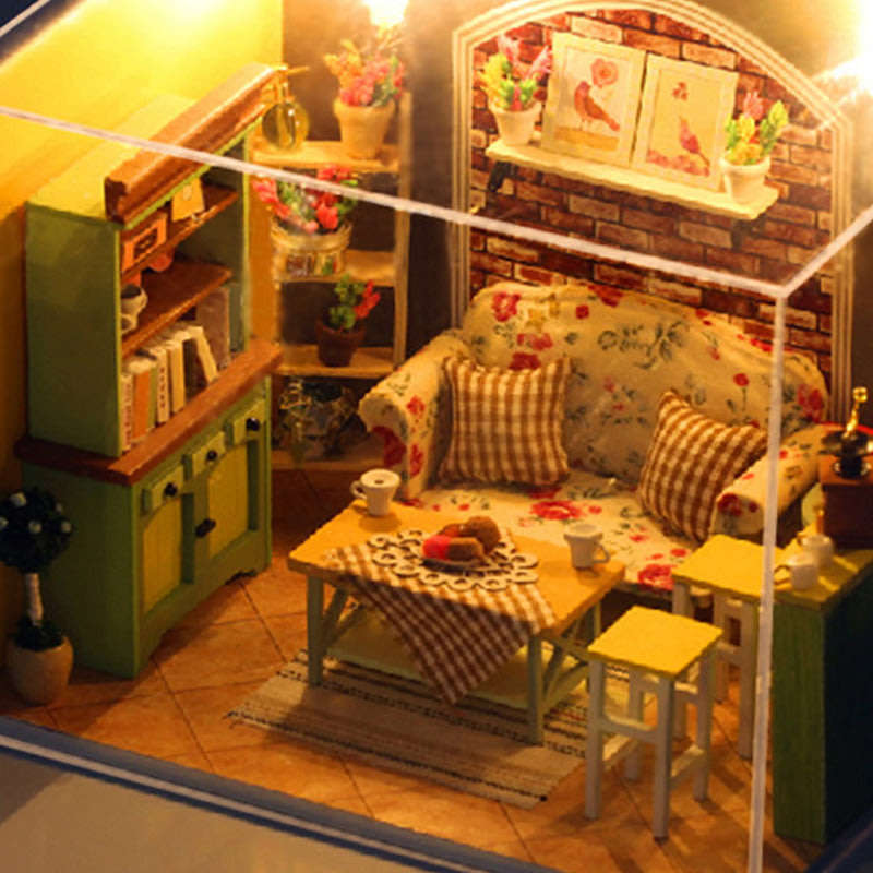 Handcraft Wooden Dolls House Miniature DIY Kit with LED light Creative Villa