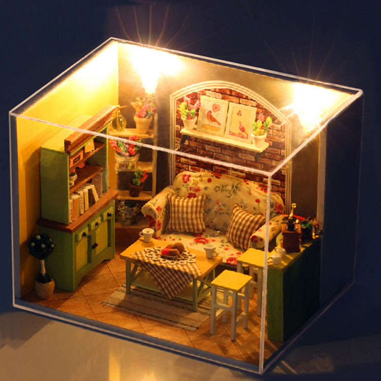 Handcraft Wooden Dolls House Miniature DIY Kit with LED light Creative Villa