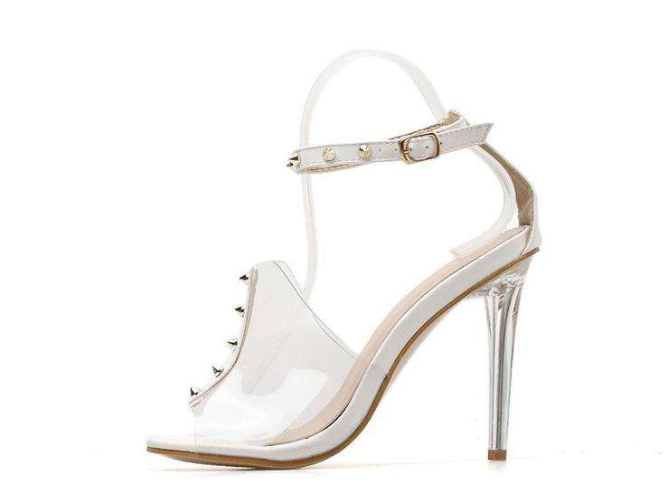 White Transparent Rivet Detail Buckle Strap Open Toe Stiletto Sandals - Size 35