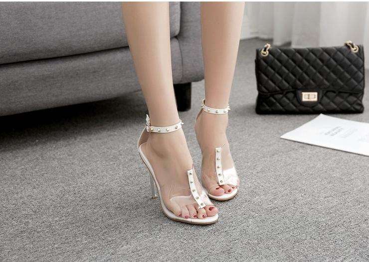 White Transparent Rivet Detail Buckle Strap Open Toe Stiletto Sandals - Size 35