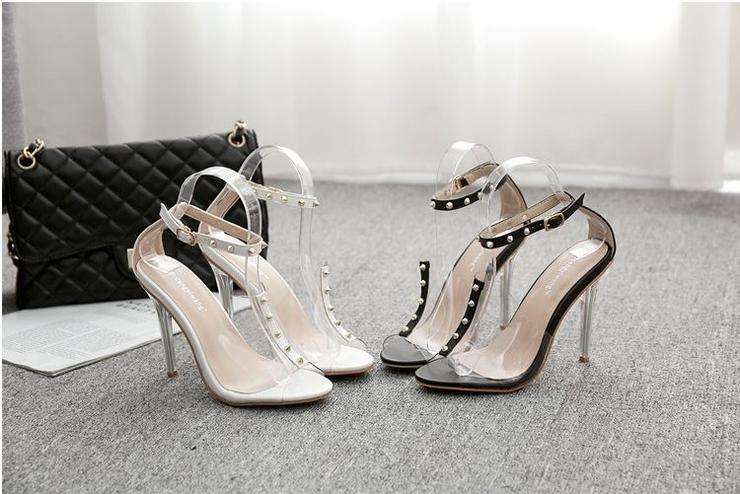White Transparent Rivet Detail Buckle Strap Open Toe Stiletto Sandals - Size 35
