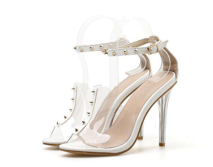 White Transparent Rivet Detail Buckle Strap Open Toe Stiletto Sandals - Size 35