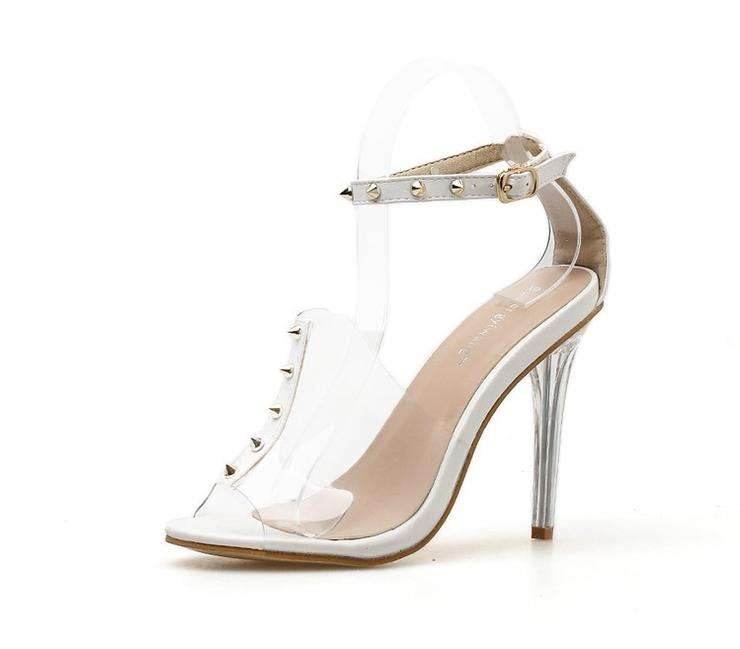 White Transparent Rivet Detail Buckle Strap Open Toe Stiletto Sandals - Size 35