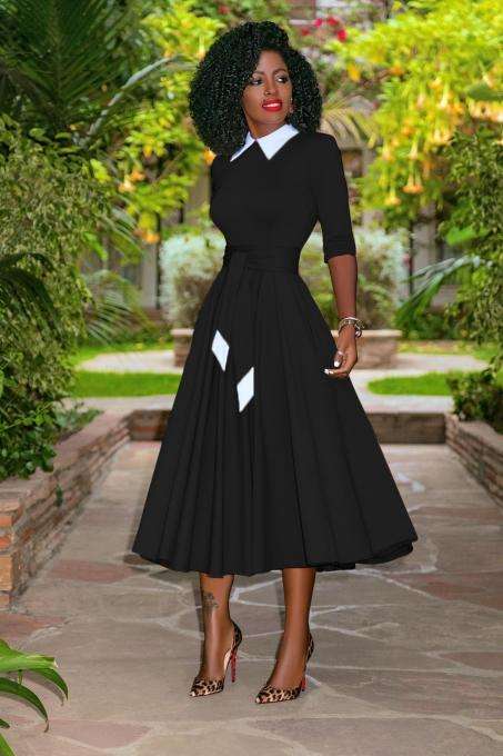 Black 50s Pleated Midi Dress - XL