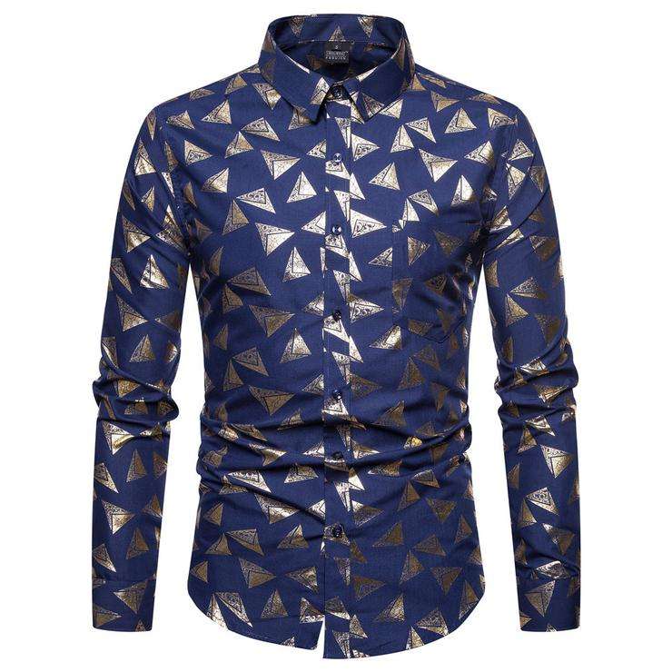 Dark Blue Triangle Shiny Print Chest Pocket Shirt - L