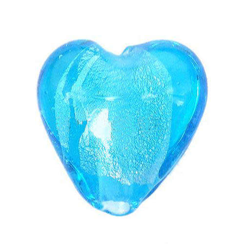 Beads. Glass Beads, Sky Blue Silver Foil Puffed Heart Lampwork Glass Beads, 13mm (Loose)