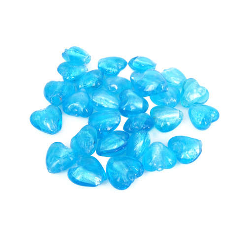 Beads. Glass Beads, Sky Blue Silver Foil Puffed Heart Lampwork Glass Beads, 13mm (Loose)